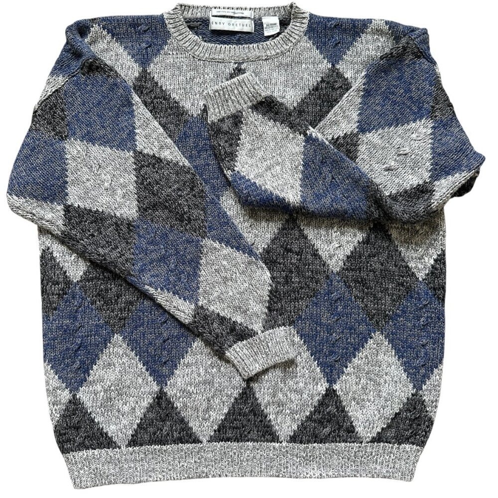 VTG HENRY GRETHEL Sweater Argyle‎ Gray Blue XL Y2K 90s Handframe Knit Abstract - Picture 2 of 12